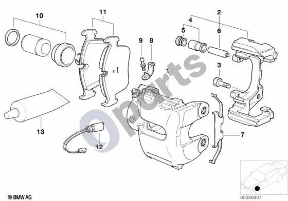BMW 3 E46 priekinio rato stabdys, stabdžių trinkelių jutiklis – schema
