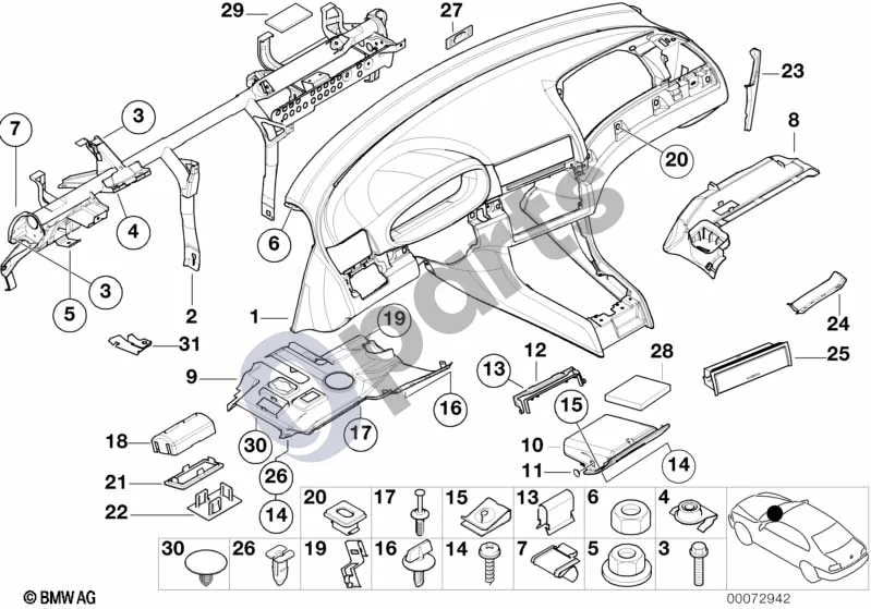 BMW 3 E46 (1998–2005) Prietaisų skydelio apdailos plokštė schema – pozicija 16: Užraktas