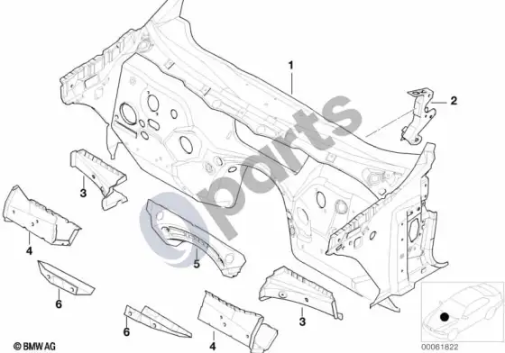 BMW 3 E46 purslų sienelės dalys – schema
