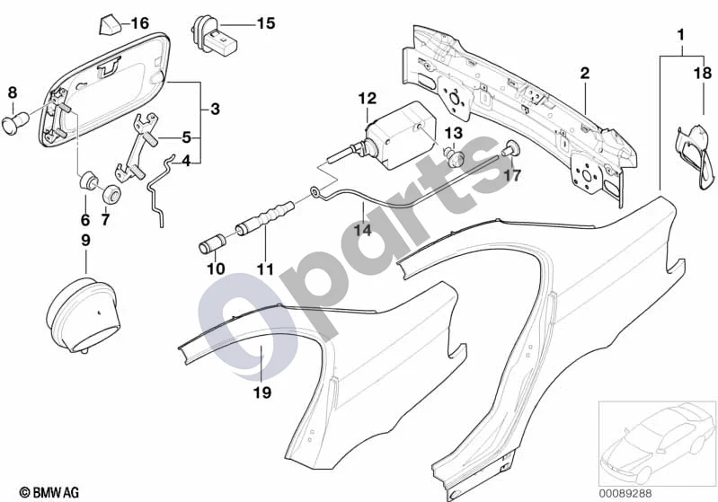BMW 3 E46 (1998–2005) Šoninė apdaila/galinė apdaila schema – pozicija 17: Avarinis stovėjimo fiksatoriaus mechanizmas