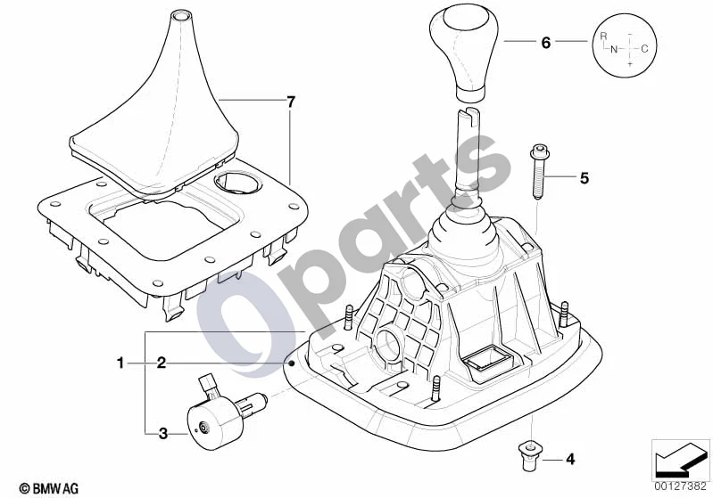 BMW 3 E46 (1998–2005) Steptronic, SMG pavarų perjungimas schema – pozicija 06: Pavarų perjungimo rankenėlė, oda, juoda/SMG (RUTHENIUMGRAU)