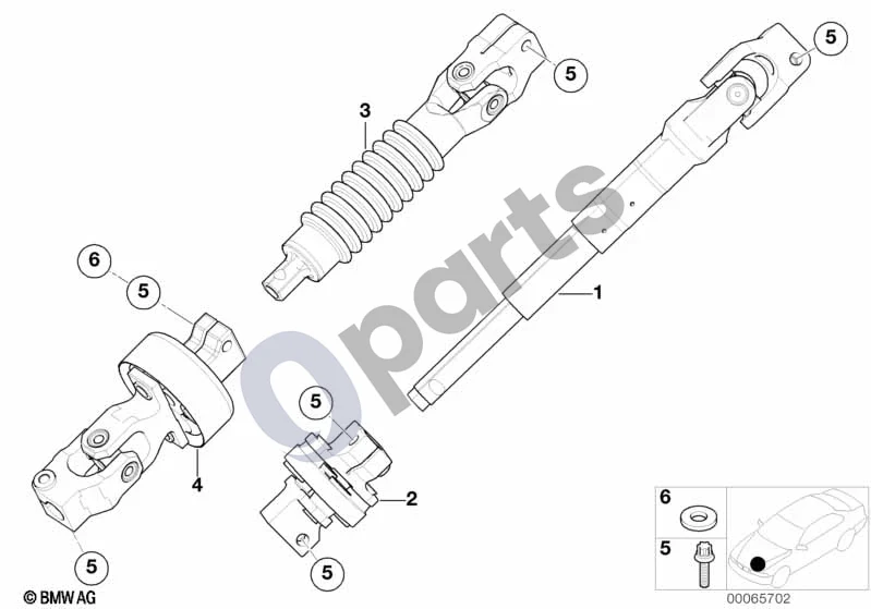 BMW 3 E46 (1998–2005) Vairo kolonėlės apatinio šarnyro komplektas schema – pozicija 01: Vairo velenas
