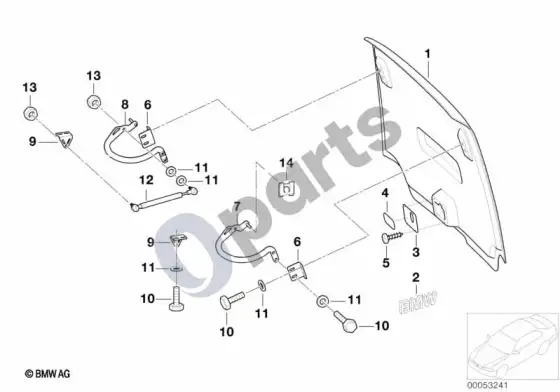 BMW 3 E46 variklio dangčio dalys, galinės durys – schema