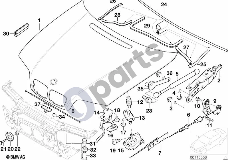 BMW 3 E46 (1998–2005) Variklio gaubto / tvirtinimo detalės schema – pozicija 30: Atbulinio eigos ribotuvas