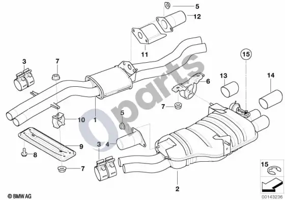 BMW 3 E46 vidurinis ir galinis duslintuvas (M54) – schema