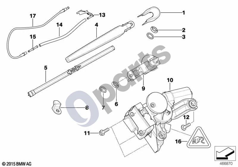 BMW 3 E90 E91 (2005–2012) Atskiros galinio stiklo valytuvo dalys schema – pozicija 09: Valytuvų veleno ašis