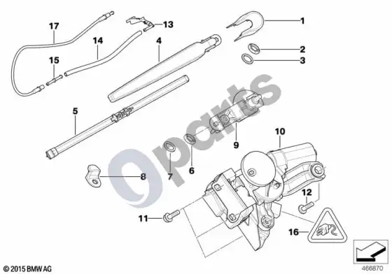 BMW 3 E90 E91 atskiros galinio stiklo valytuvo dalys – schema