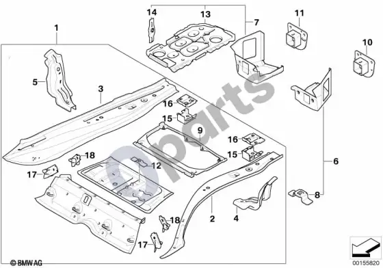 BMW 3 E90 E91 bagažinės grindų skydo tvirtinimo detalės – schema