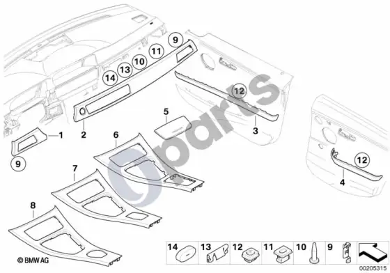 BMW 3 E90 E91 interior trim finishers black high-gloss (E90 316IN43, E91 318DM47N2) – schema