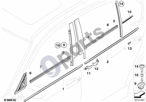 BMW 3 E90 E91 exterior trim / grille / seals (E90 316IN43) – schema