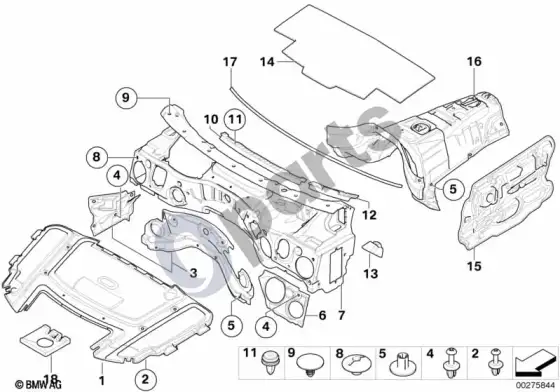 BMW 3 E90 E91 garso izoliacija, priekis (E90 316IN43) – schema