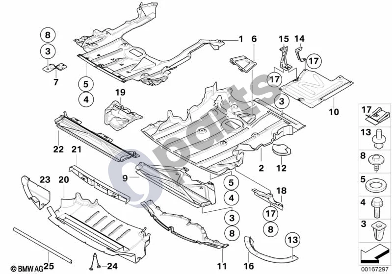 BMW 3 E90 E91 (2005–2012) Apsauga, variklio skyrius/apatinė dugno apdaila (E90 316IN43) schema – pozicija 03: Plečiamoji veržlė