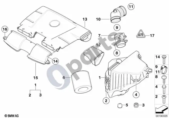 BMW 3 E90 E91 įsiurbimo oro duslintuvas / filtro elementas / oro masės matuoklis (HFM, E90 318IN46, E91 318IN46, E91 320IN46) – schema