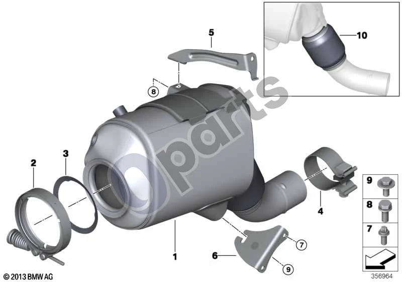 BMW 3 E90 E91 (2005–2012) Katalizatorius/dyzelinio variklio kietųjų dalelių filtras (E90 325D) schema – pozicija 01: RP katalizatorius prie variklio