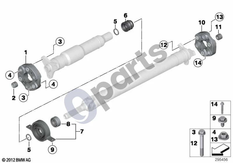 BMW 3 E90 E91 (2005–2012) Kardaninio veleno atskiri komponentai, 4 varantieji ratai (E90 325XIN52, E90 330XIN52, E90 325XIN52N, E91 325XIN52, E91 330XIN52, E91 325XIN52N) schema – pozicija 01: Kardaninis sąnarys