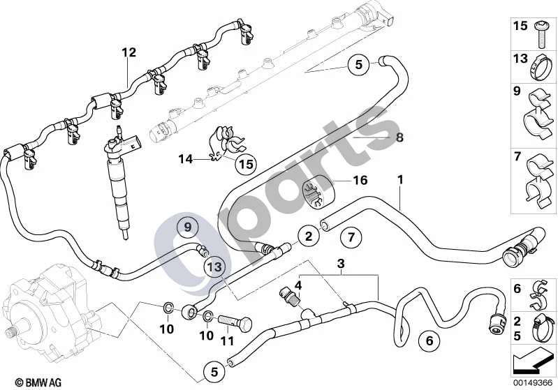 BMW 3 E90 E91 (2005–2012) Degalų linijos (E90 330D, E90 330XD, E91 330XD, E91 330D) schema – pozicija 12: Alyvos pertekliaus vamzdelis