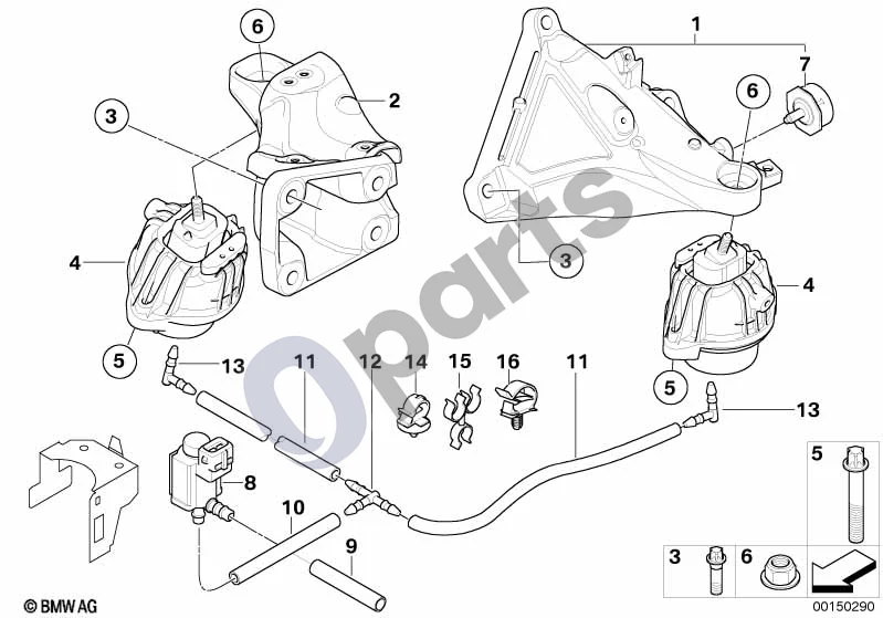 BMW 3 E90 E91 (2005–2012) Variklio pakaba (E90 330XD, E91 330XD) schema – pozicija 04: Variklio pagalvė