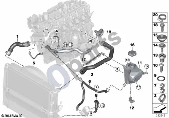 BMW 3 E90 E91 aušinimo sistemos aušinimo skysčio žarnos (E90 335D) – schema