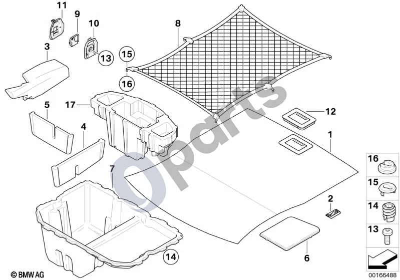 BMW 3 E90 E91 (2005–2012) Bagažinės grindų apdailos skydelis (E90 LCI 316DN47, E90 316IN43) schema – pozicija 10: Tvirtinimo kilpos dangtelis
