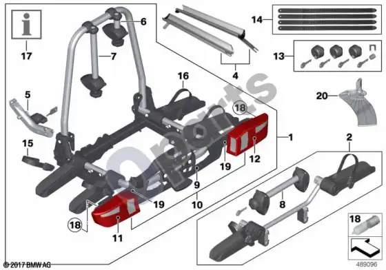 BMW 3 E90 E91 galinis dviračių laikiklis pro (E90 LCI 316DN47, E90 316IN43, E91 318DM47N2) – schema