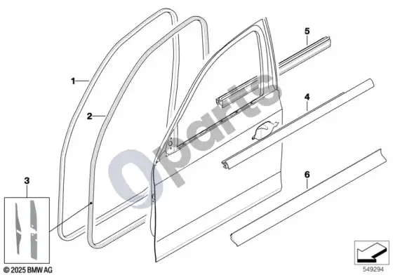BMW 3 E90 E91 priekinis durų sandariklis (E90 LCI 316DN47, E90 316IN43, E91 318DM47N2) – schema