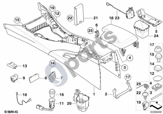 BMW 3 E90 E91 centrinės konsolės saugojimo pertvara – schema