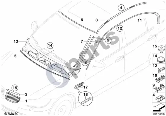 BMW 3 E90 E91 exterior trim / grille / seals (E90 LCI 316DN47) – schema