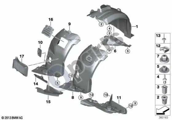 BMW 3 E90 E91 ratų arkos apdaila, priekinė – schema