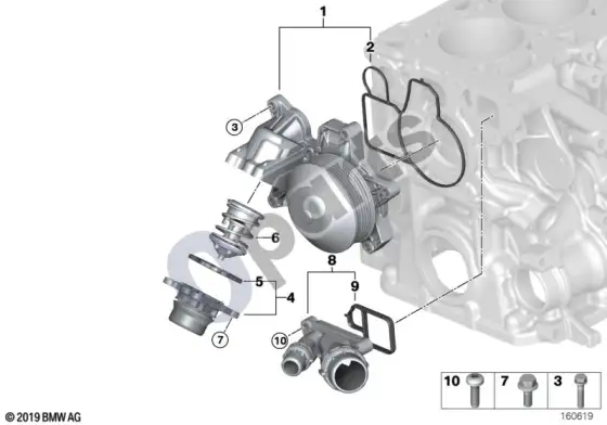 BMW 3 E90 E91 vandens siurblys - termostatas (E90 LCI 318DN47, E90 LCI 320DN47, E90 LCI 320XDN47, E90 LCI 316DN47, E90 318DN47, E90 320DN47, E91 LCI 318DN47, E91 320DN47, E91 318DN47) – schema