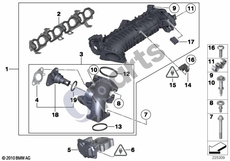 BMW 3 E90 E91 (2005–2012) Įsiurbimo kolektorius EGR be sklendės valdymo (E90 LCI 318DN47N, E90 LCI 316DN47N, E91 LCI 318DN47N, E91 LCI 316D) schema – pozicija 08: Tvirtinimo elementai