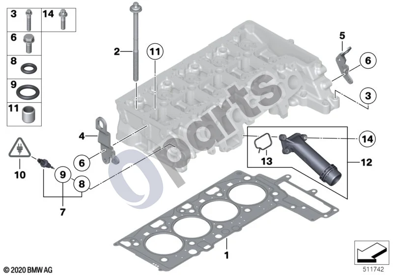 BMW 3 E90 E91 (2005–2012) Cilindrų galvutės pritvirtinamos detalės (E90 LCI 318DN47N, E90 LCI 320DN47N, E90 LCI 320XDN47N, E90 LCI 320DED, E90 LCI 316DN47N, E91 LCI 318DN47N, E91 LCI 316D) schema – pozicija 12: Jungtis