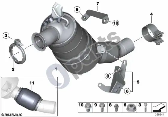 BMW 3 E90 E91 katalizatorius/dyzelinio variklio kietųjų dalelių filtras (E90 LCI 320DN47, E90 LCI 320DED, E90 320DN47, E91 320DN47) – schema