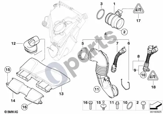 BMW 3 E90 E91 plėvelinis oro masės matuoklis/švaraus oro vamzdis (E90 LCI 320DN47, E90 LCI 320XDN47, E90 320DN47, E91 320DN47) – schema
