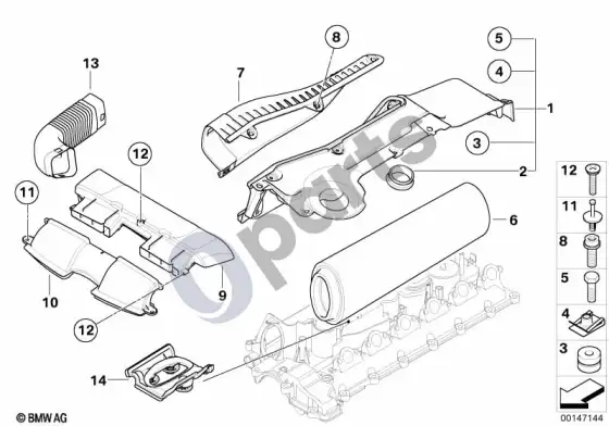 BMW 3 E90 E91 įsiurbimo oro duslintuvas / filtro elementas (E90 LCI 325DM57N2, E90 325D, E90 330D, E90 330XD, E91 330XD, E91 325D, E91 330D) – schema