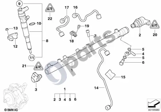 BMW 3 E90 E91 aukšto slėgio akumuliatorius/purkštukas/vamzdis (E90 LCI 325DM57N2, E90 325D, E91 325D) – schema