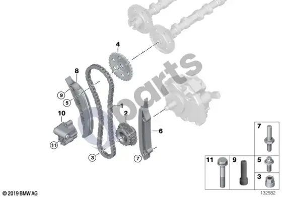 BMW 3 E90 E91 paskirstymo pavaros grandinė, viršutinė (E90 LCI 325DM57N2, E90 LCI 335D, E90 318DM47N2, E90 320DM47N2, E90 325D, E90 330D, E90 335D, E90 330XD, E91 335D, E91 330XD, E91 318DM47N2, E91 320DM47N2, E91 325D, E91 330D) – schema