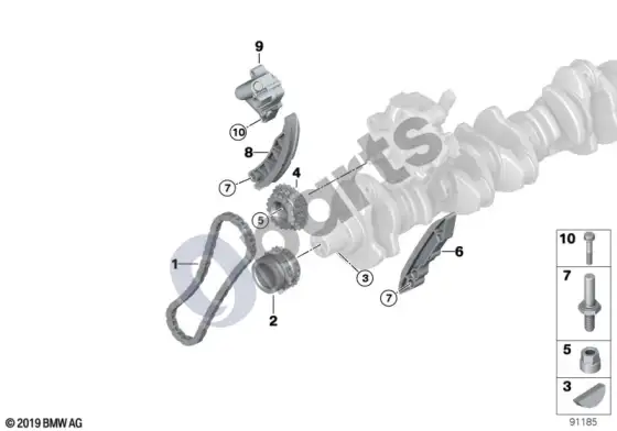 BMW 3 E90 E91 paskirstymo mechanizmas – apatinė paskirstymo grandinė p (E90 LCI 325DM57N2, E90 LCI 335D, E90 325D, E90 330D, E90 335D, E90 330XD, E91 335D, E91 330XD, E91 325D, E91 330D) – schema