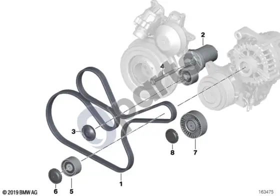 BMW 3 E90 E91 kondicionieriaus kompresoriaus pavara diržu (E90 LCI 325DN57, E90 LCI 330D) – schema
