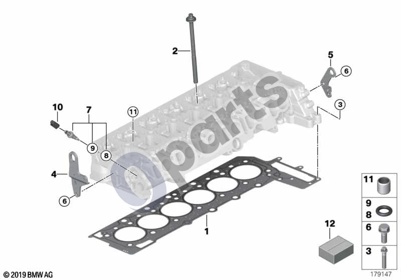 BMW 3 E90 E91 (2005–2012) Cilindrų galvutės pritvirtinamos detalės (E90 LCI 325DN57, E90 LCI 330XD, E90 LCI 330D) schema – pozicija 01: Cilindrų galvutės tarpiklis be asbesto