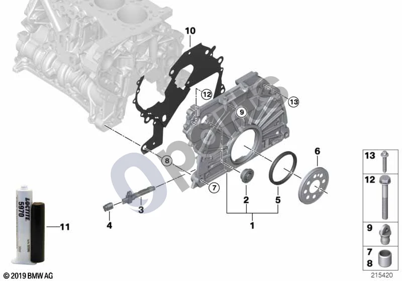 BMW 3 E90 E91 (2005–2012) Paskirstymo mechanizmo korpusas (E90 LCI 325DN57) schema – pozicija 03: Alkūninio veleno jutiklis