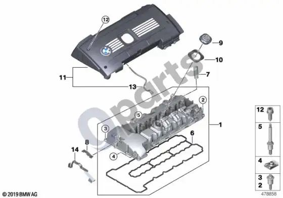 BMW 3 E90 E91 cilindrų galvutės dangtis (E90 LCI 335XIN54, E90 LCI 335IN54, E90 335I, E90 335XI, E91 335I, E91 335XI) – schema