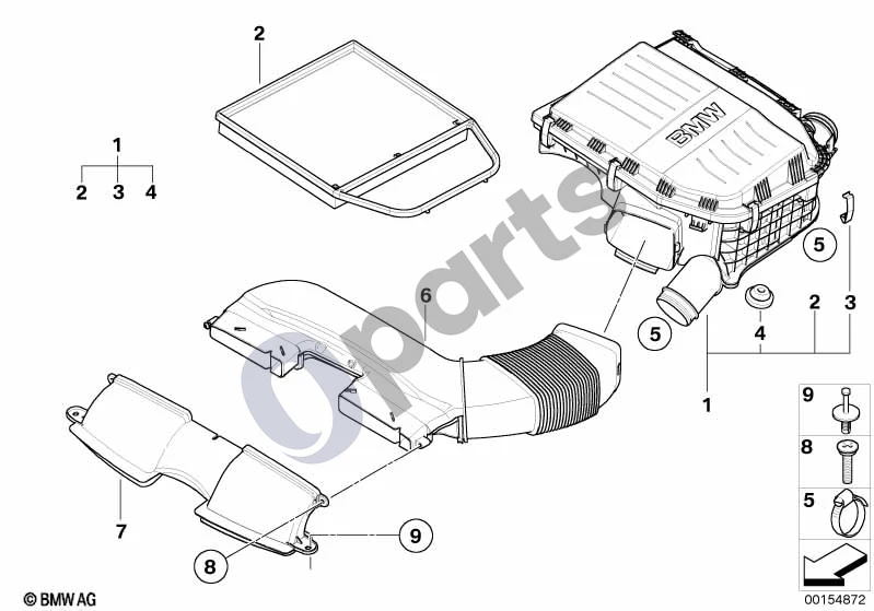BMW 3 E90 E91 (2005–2012) Įsiurbimo oro duslintuvas / filtro elementas (E90 LCI 335XIN54, E90 LCI 335IN54, E90 335I, E90 335XI, E91 335I, E91 335XI) schema – pozicija 02: Oro filtro elementas
