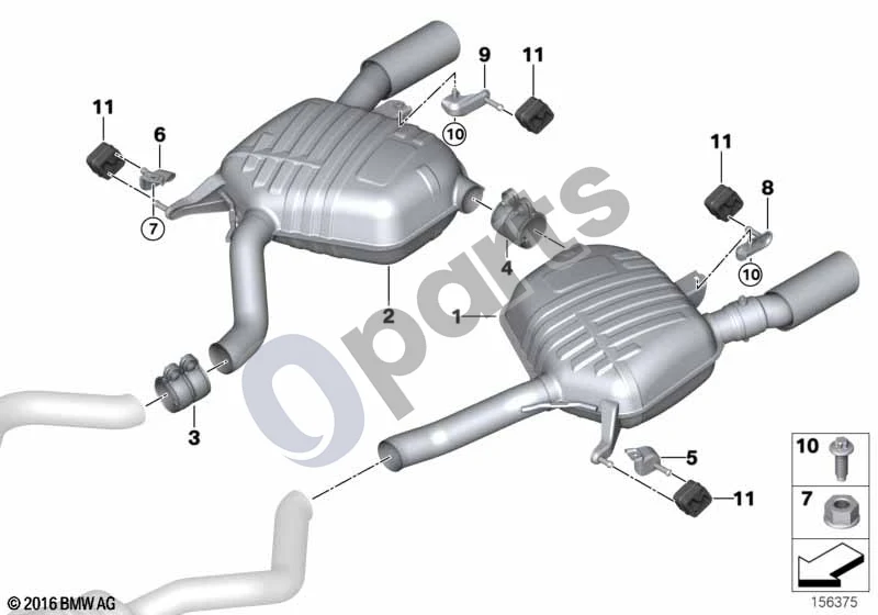 BMW 3 E90 E91 (2005–2012) Galinis duslintuvas (E90 LCI 335XIN54, E90 LCI 335XIN55, E90 LCI 335IN55, E90 LCI 335IN54, E90 335I, E90 335XI, E91 335I, E91 335XI) schema – pozicija 11: Guminė atrama