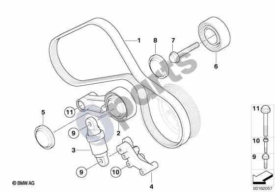 BMW 3 E90 E91 kondicionieriaus kompresoriaus pavara diržu (E90 M3) – schema
