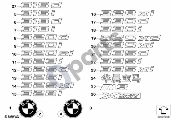 BMW 3 E90 E91 emblemos / užrašai (E91 318DM47N2) – schema
