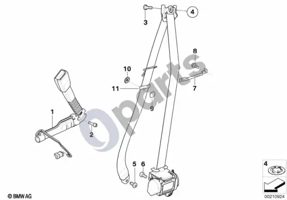 BMW 3 E90 E91 priekinių saugos diržų tvirtinimo detalės (E91 318DM47N2) – schema