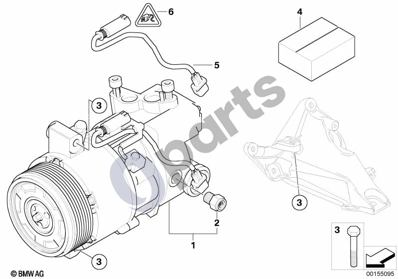 BMW 3 E90 E91 (2005–2012) RP oro kondicionieriaus kompresorius (E91 318DM47N2) schema – pozicija 01: Oro kondicionieriaus kompresorius