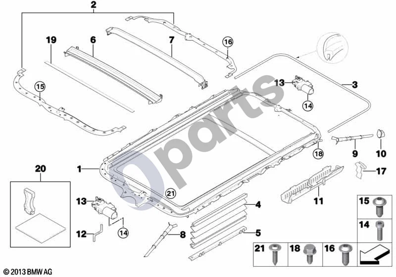 BMW 3 E90 E91 (2005–2012) Stumdomo-pakeliamo stogo rėmas (E91 318DM47N2) schema – pozicija 03: Apvadinis sandariklis