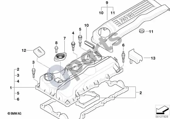 BMW 3 E90 E91 cilindrų galvutės dangtis (E91 318IN46, E91 320IN46) – schema