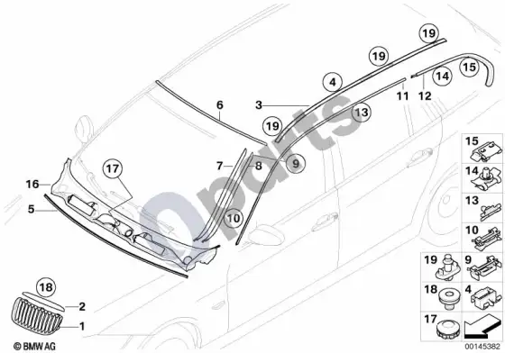 BMW 3 E90 E91 exterior trim / grille / seals (E91 LCI 316D) – schema